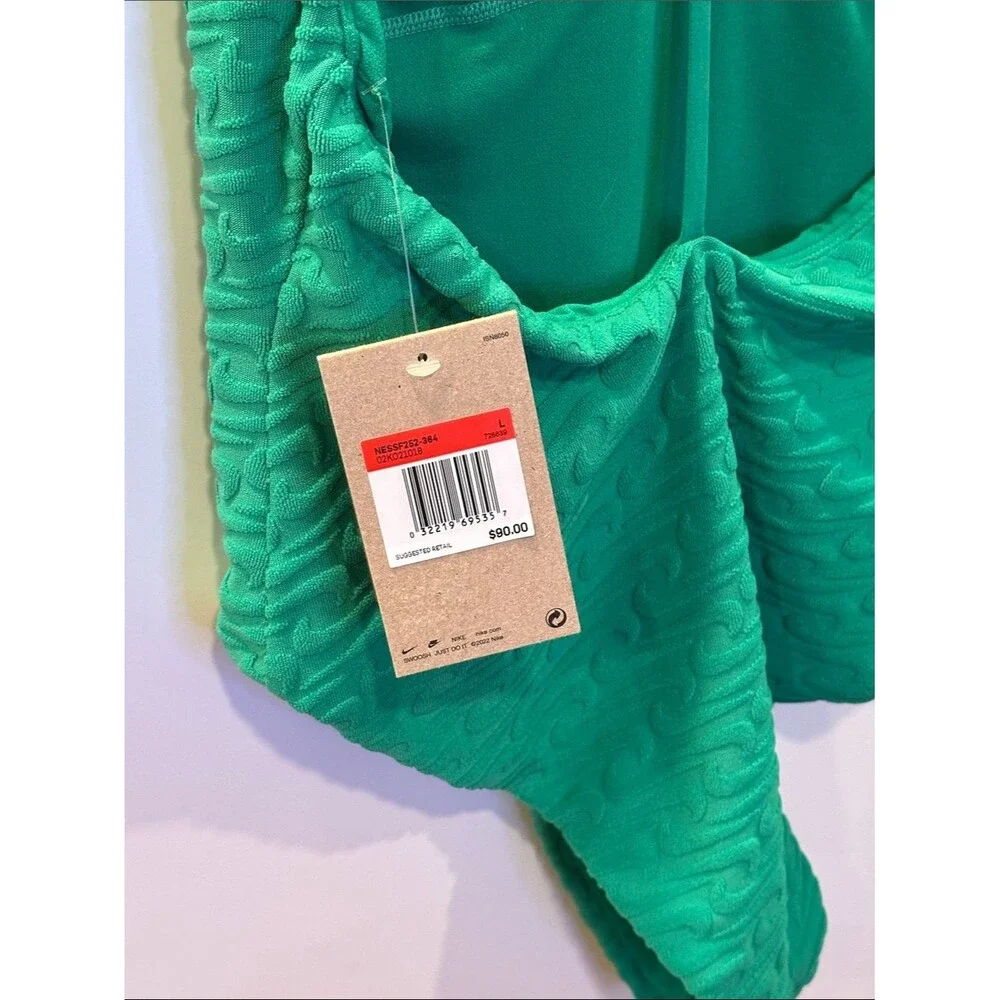 NIKE Swoosh Textured One Piece Swimsuit V Neck Y Back NEW Green Terry Large